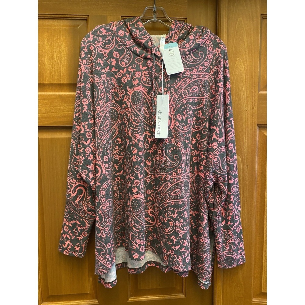 NEW Dear Scarlett Paisley Hoodie Gray Pink Women's XL Long Sleeve Loose Slits